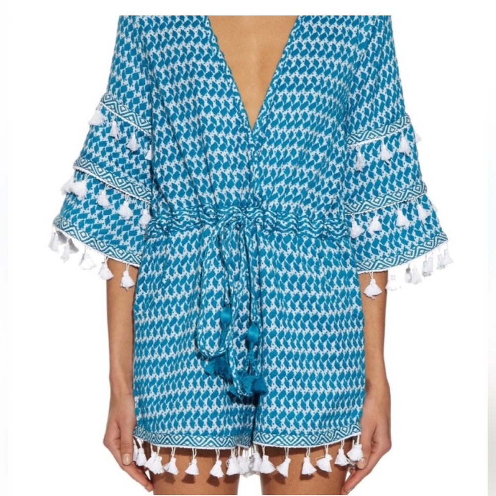 Stylish Blue and White Romper with Tassels